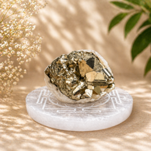 Pyrite Raw Cluster on Selenite Charging Base